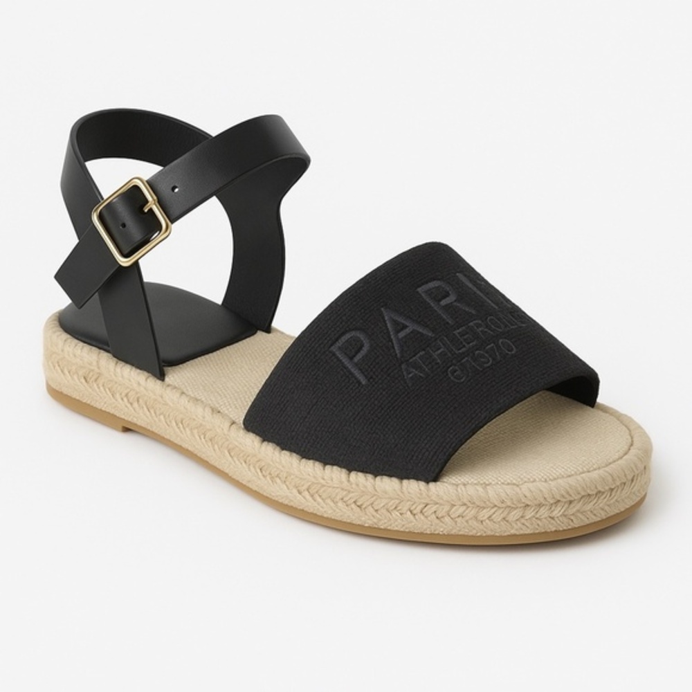 Black Platform Espadrille Sandals Paris Athletic Faux Leather Size 6